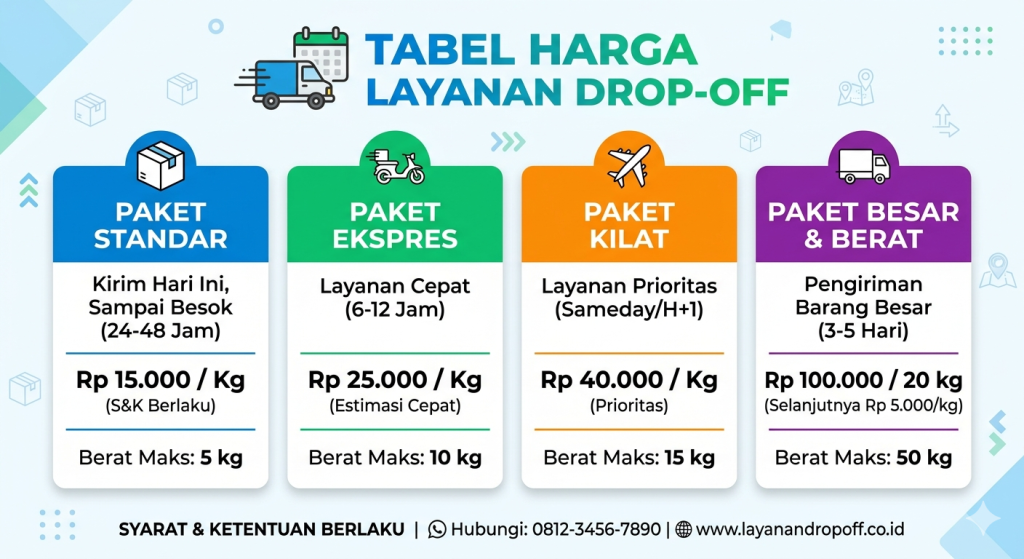 Daftar harga drop off dari layanan sewa mobil murah Rawa Barat, Natura Rentcar.