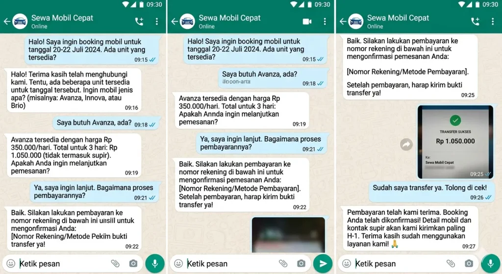 Prosedur booking sewa mobil harian di Selong via WhatsApp.