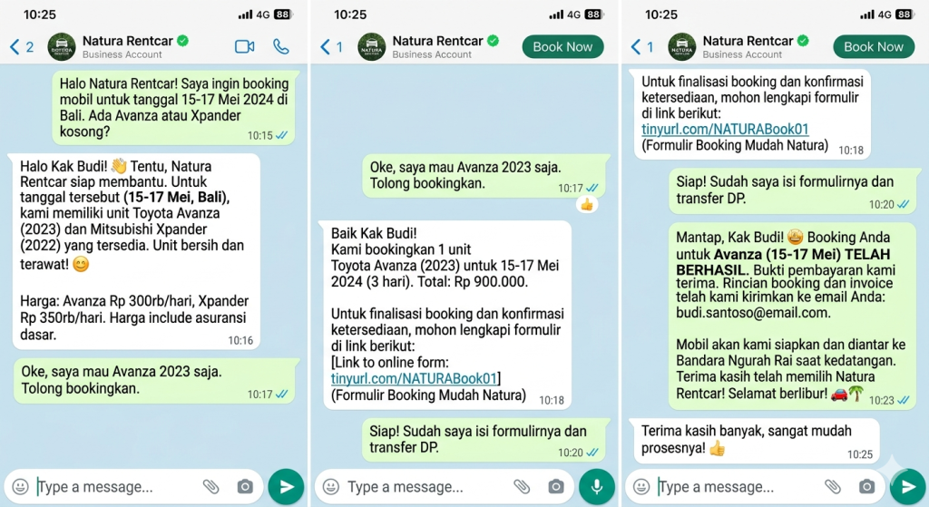 Prosedur booking sewa mobil harian Rawa Barat melalui WhatsApp Natura Rentcar.