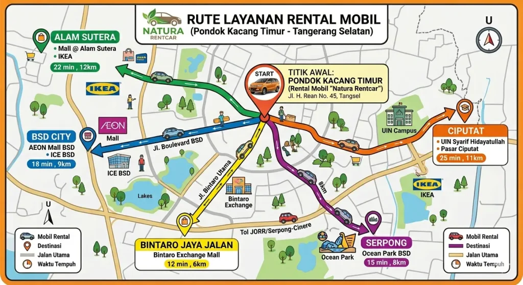 Sewa mobil harian Pondok Kacang Timur rute layanan Natura Rentcar